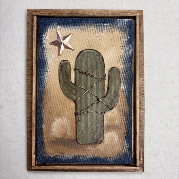 Mixed Media Wall Art Saguaro Cactus Tan Sunset Star Desert Wood Southwest 6 x 8 - Picture 1 of 5